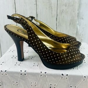 WOMENS Y2K CANDIES OPEN-TO Platform BROWN / CREAM POLKA DOT HEEL Size 6 Med